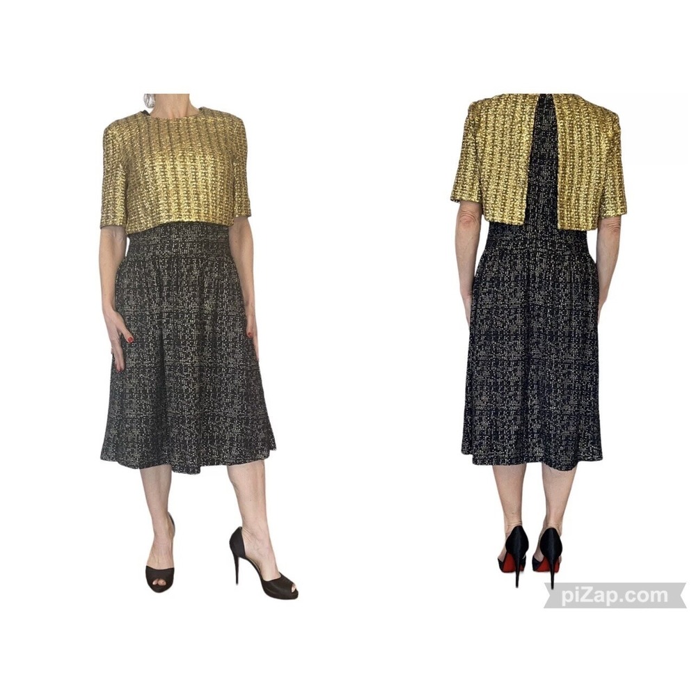 ST. JOHN COUTURE LAYERED SHORT SLEEVE DRESS BLACK GOLD SEQUIN JACKET A LINE 4